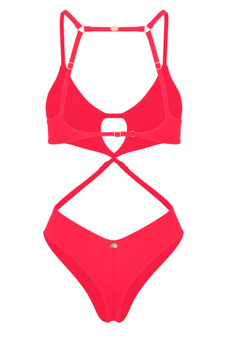 Alethea Pole Dance Bodysuit Lucid Poppy in vibrant red with adjustable straps.